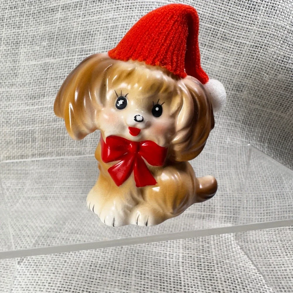 Christmas Dog Figurine Ceramic Santa Hat Red‎ Bow Japan Mid Century Kitsch Vtg
